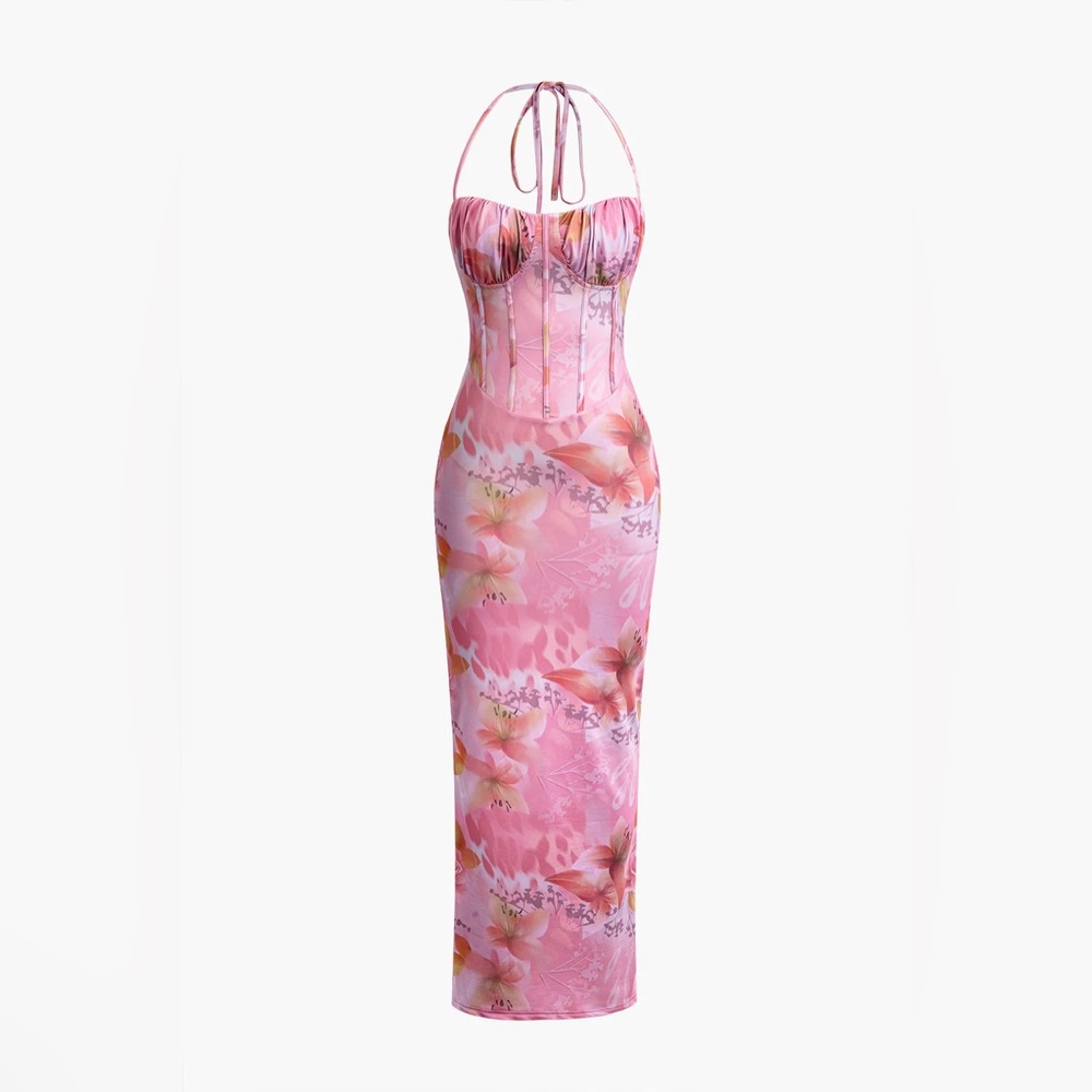 Micas Floral Print Halter Slit Corset Midi Dress